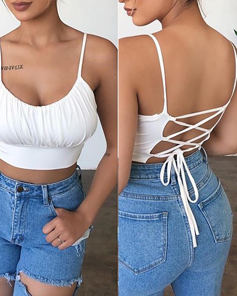 

Solid Bandage Backless Ruched Top, White