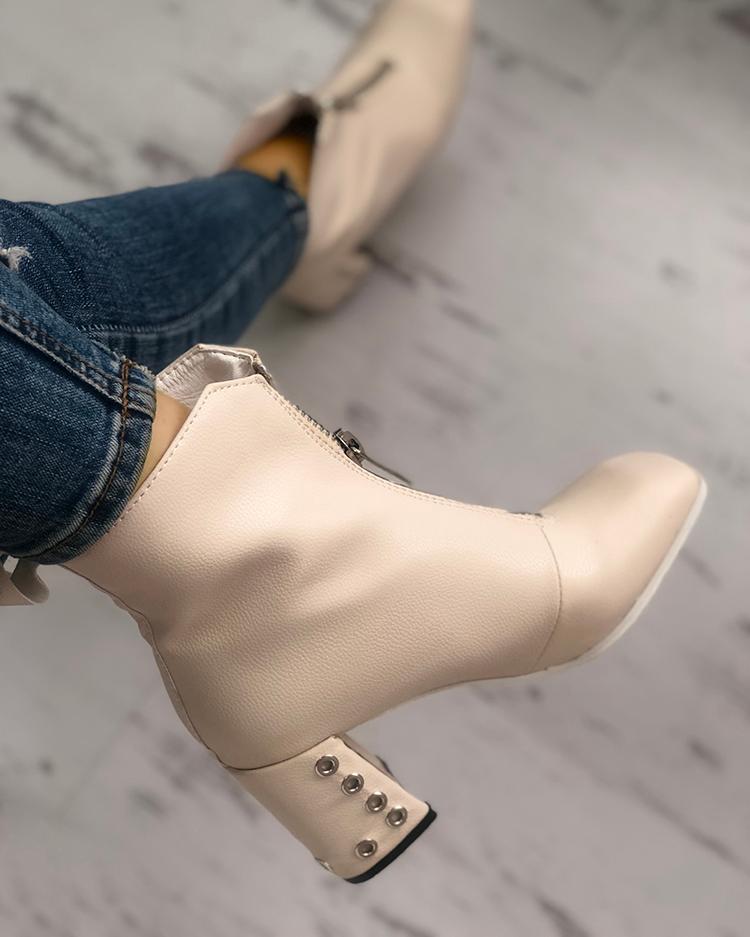 

Metallic Zipper Design Chunky Heeled Boots, White