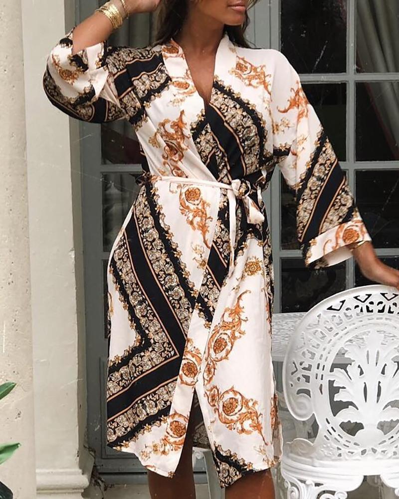 

V-Neck Wrap Baroque Print Dress, Multicolor