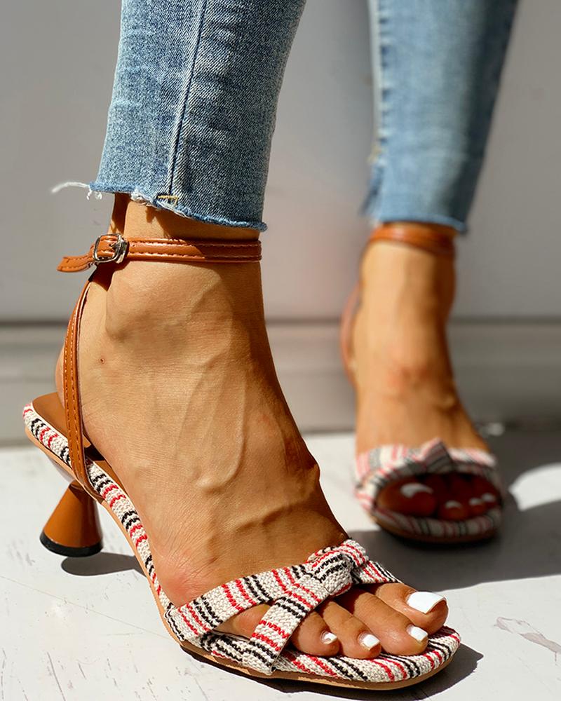 

Striped Ankle Strap Casual Heeled Sandals, Brown