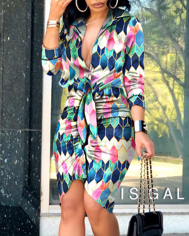 

Colorblock Tie Front Ruched Shirt Dress, Multicolor