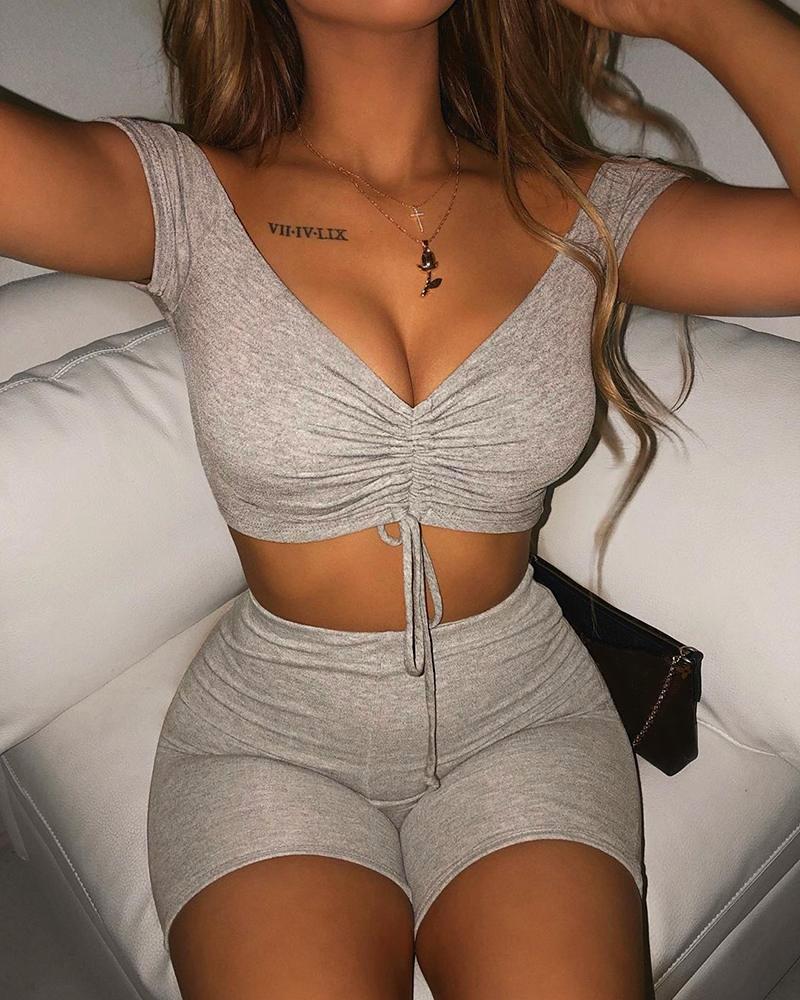 

Solid V-neck Drawstring Top & Shorts Set, Gray