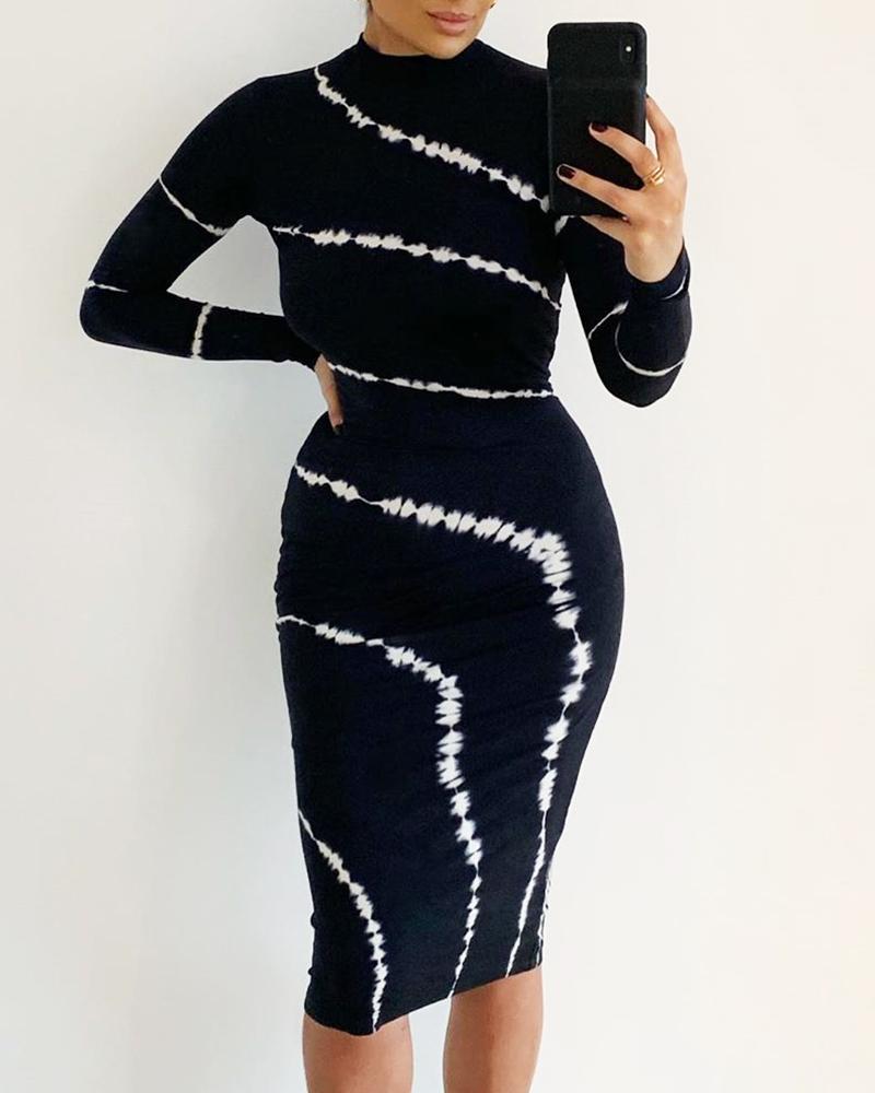 

Tie Dye Print Mock Neck Fitted Midi Dress, Black