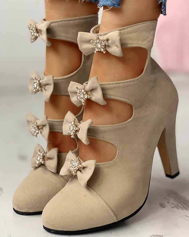 

Pu Bowknot Detail Cutout Heels, Apricot