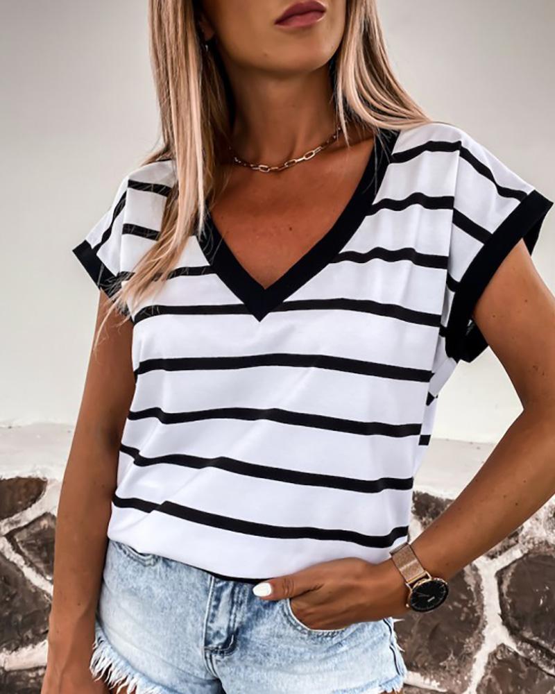 

Striped Colorblock Contrast Binding Casual T-shirt, White