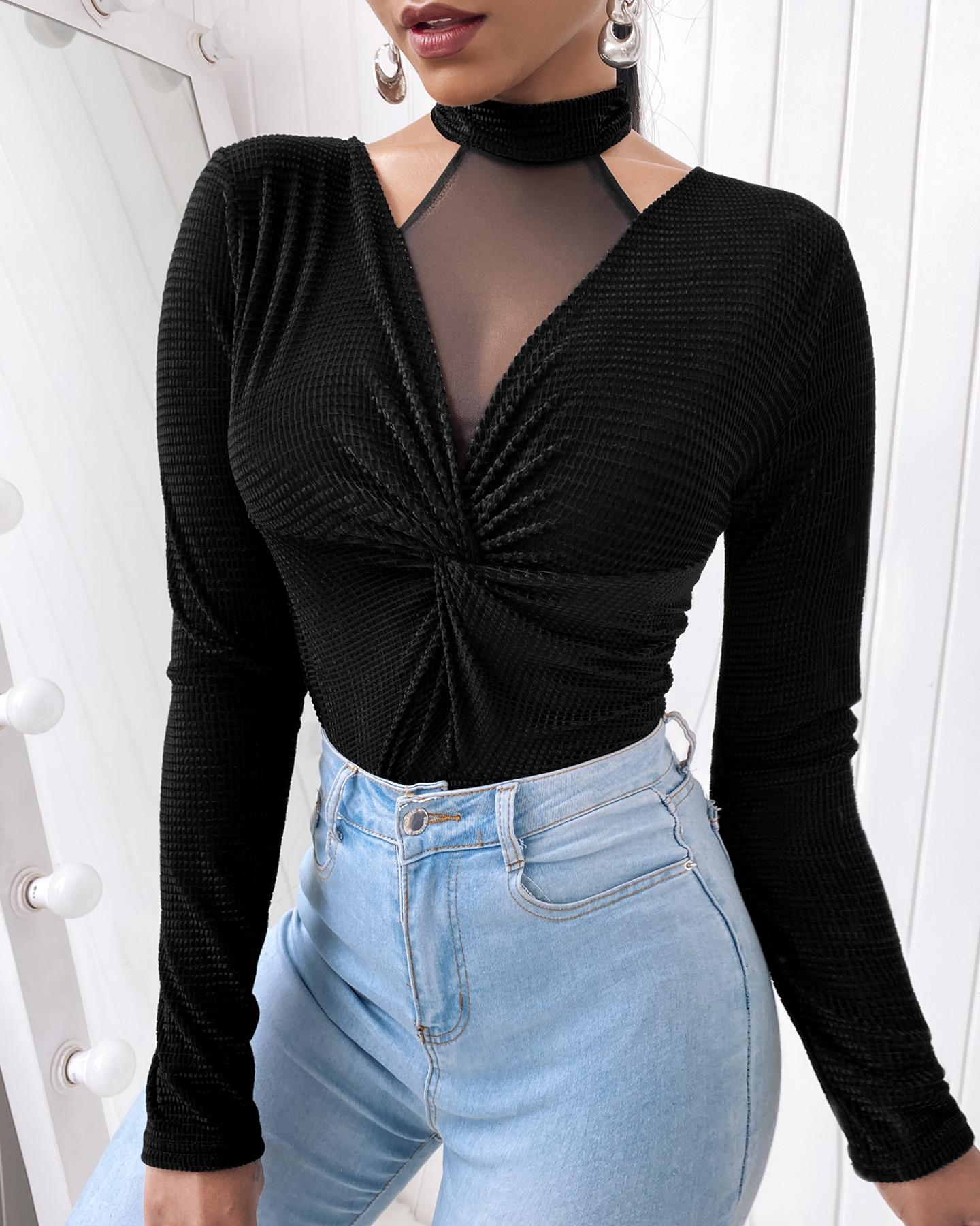 

Halter Sheer Mesh Twisted Long Sleeve Top, Black