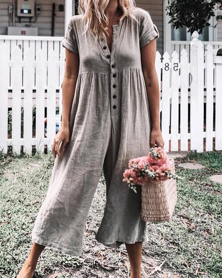 

Button Up Short Sleeve Wide Leg Jumpsuit, Gray