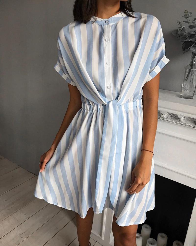 

Striped Elastic Waist Buttoned Dress