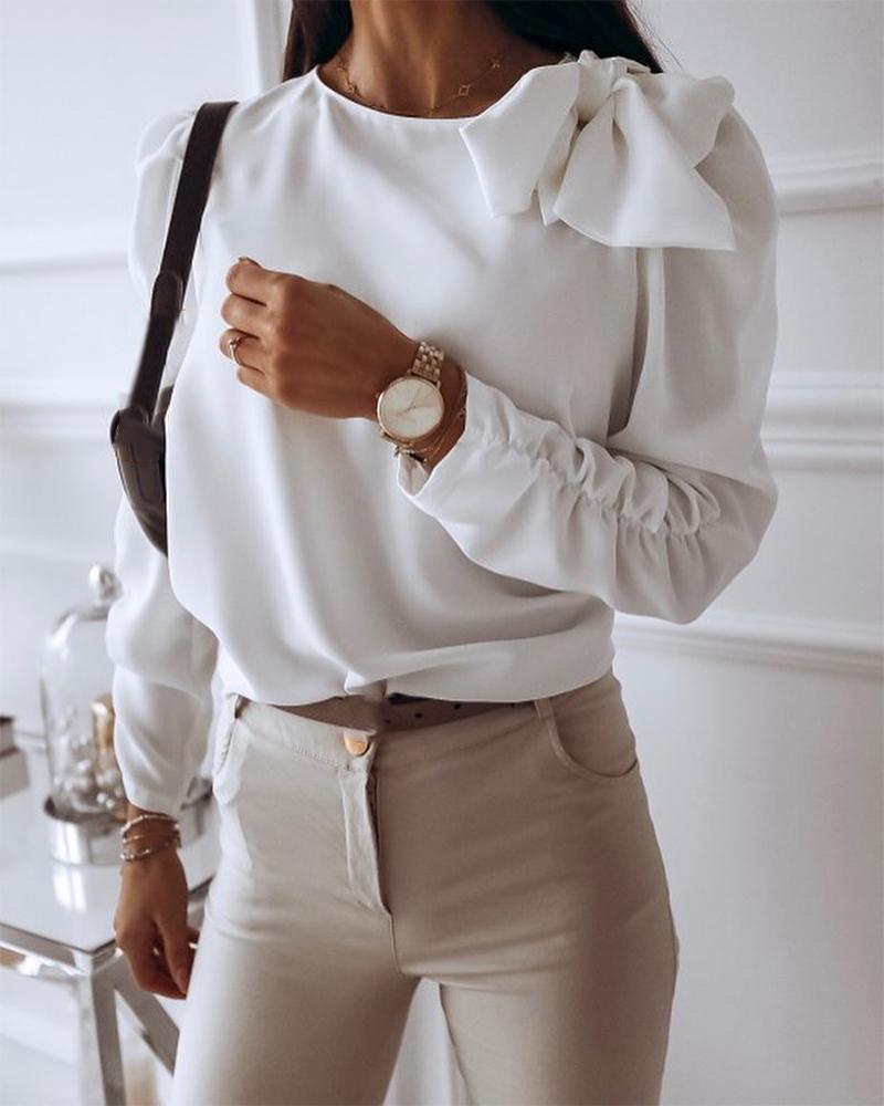 

Solid Bow Tie Ruched Top, White