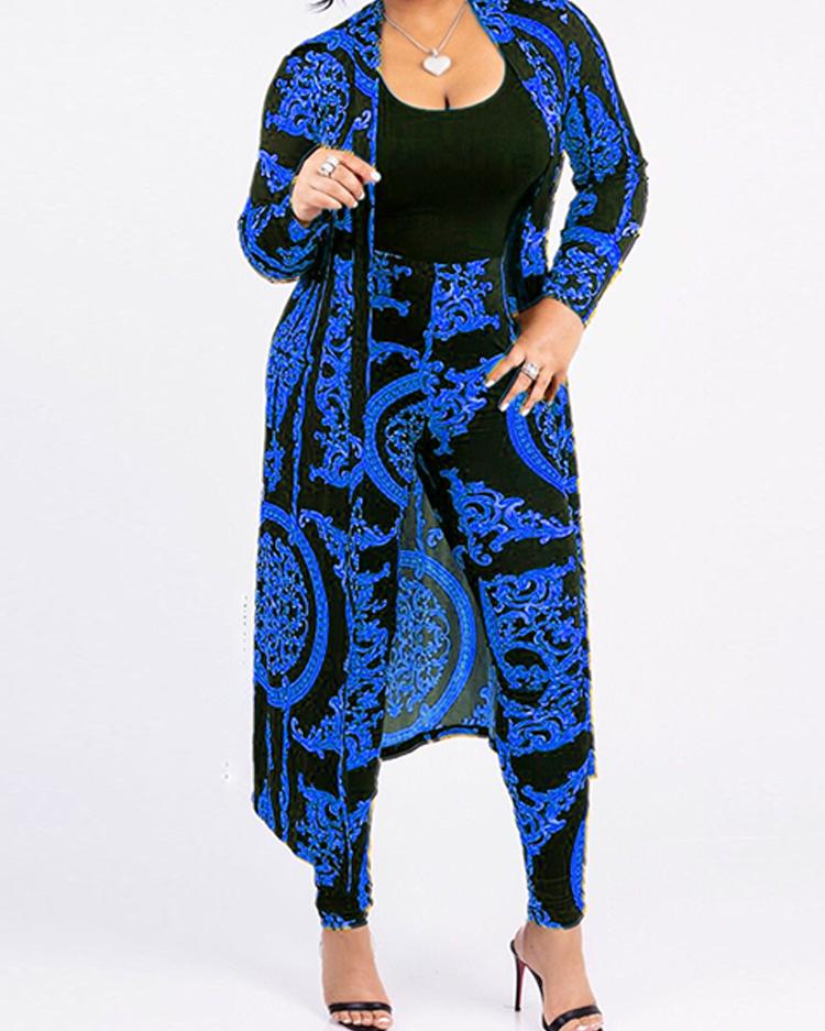 

Open Front Retro Print Cardigan & Pant Sets, Blue