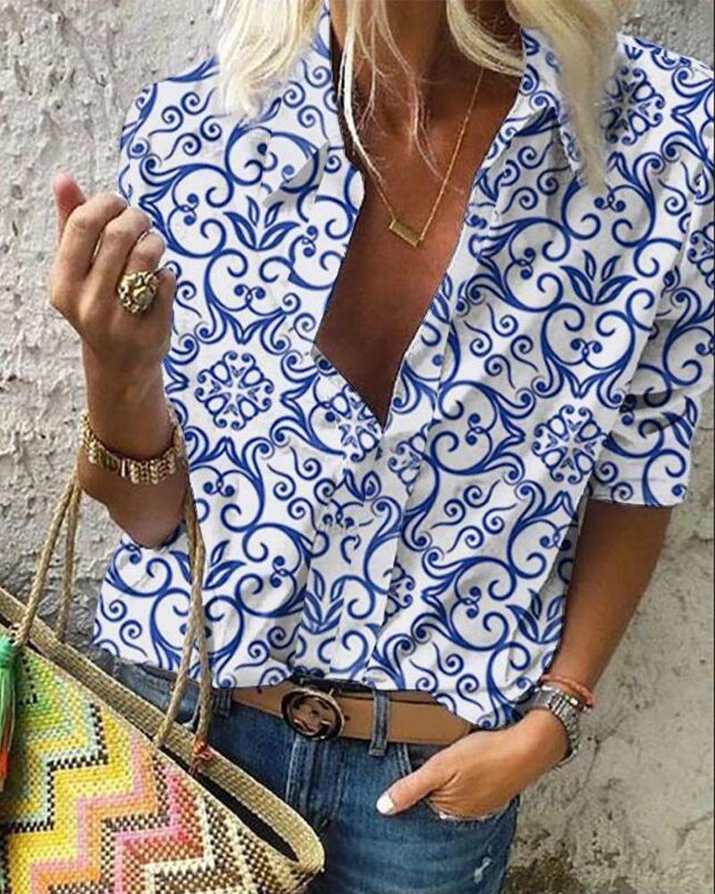 

Floral Print Button Down Blouse, Blue