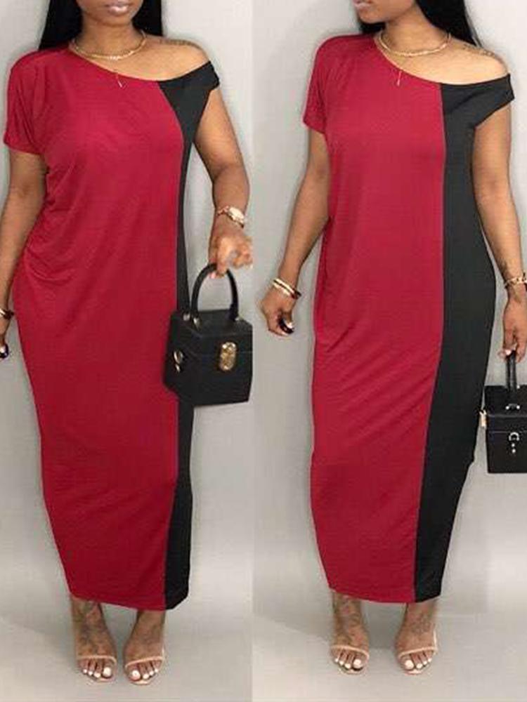 

Contrast Color Skew Neck Side Slit Maxi Dress