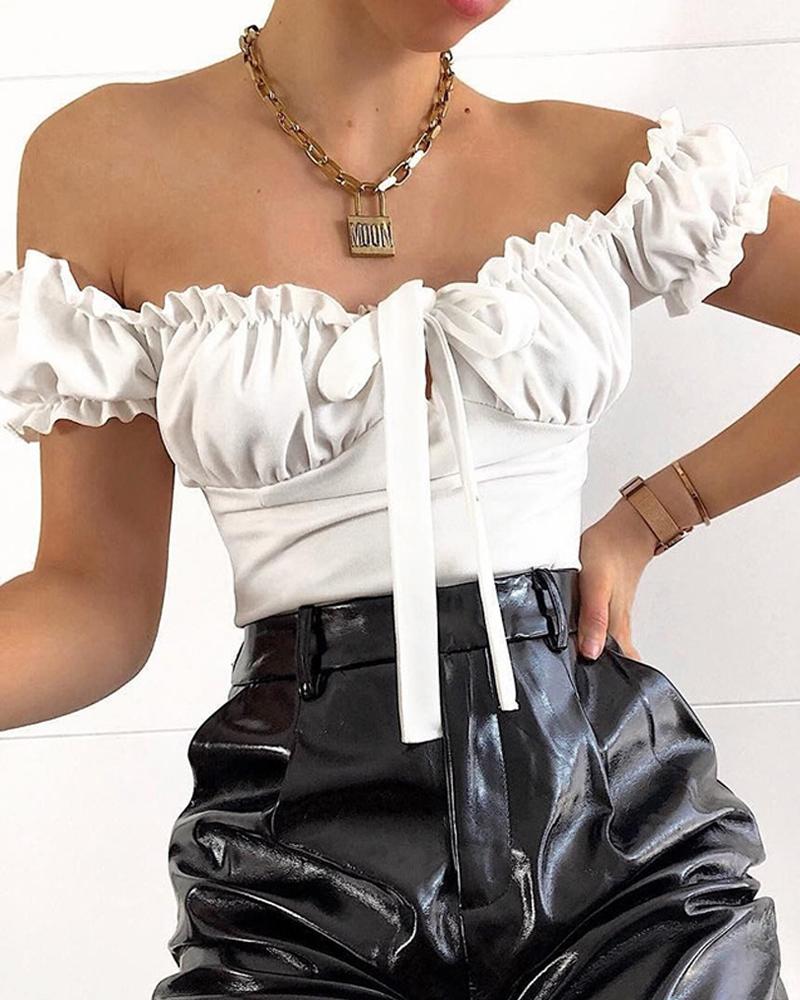 

Solid Tie Front Ruffle Bodysuit, White