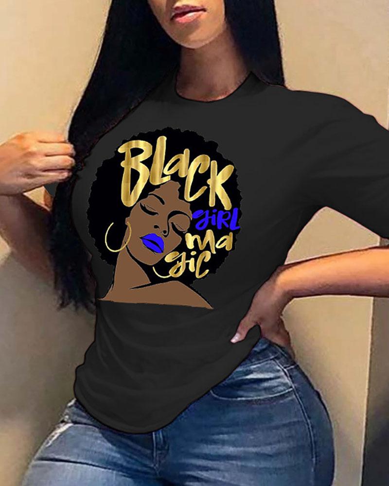 

Letter Figure Print Short Sleeve Casual T-shirt, Black