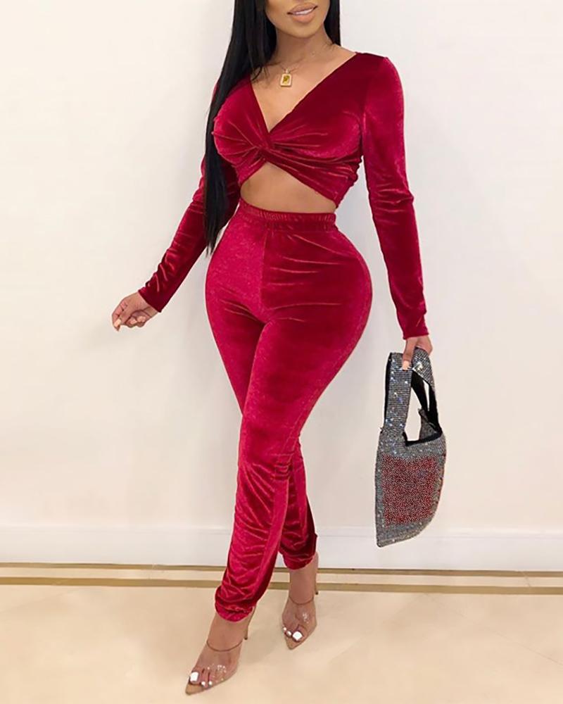 

Solid Off Shoulder Twisted Crop Top &Pants Sets, Red