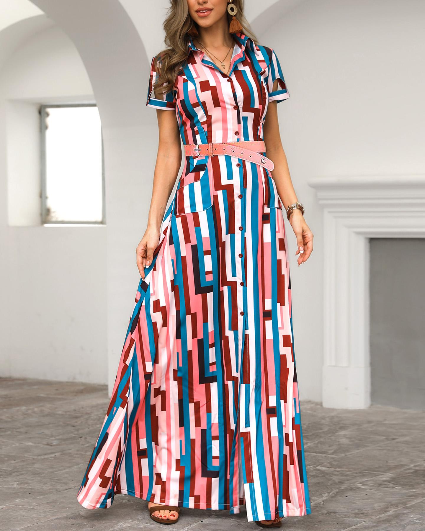 

Colorful Striped Print Shirt Maxi Dress