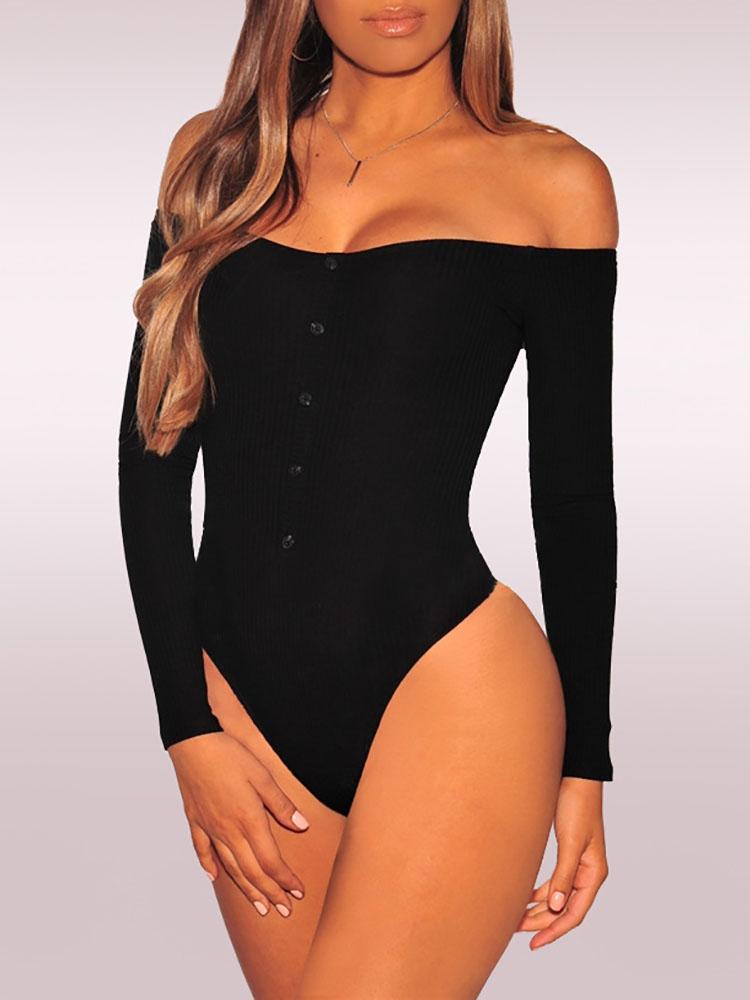 

Off Shoulder Rib Button Detail Bodysuit, Black