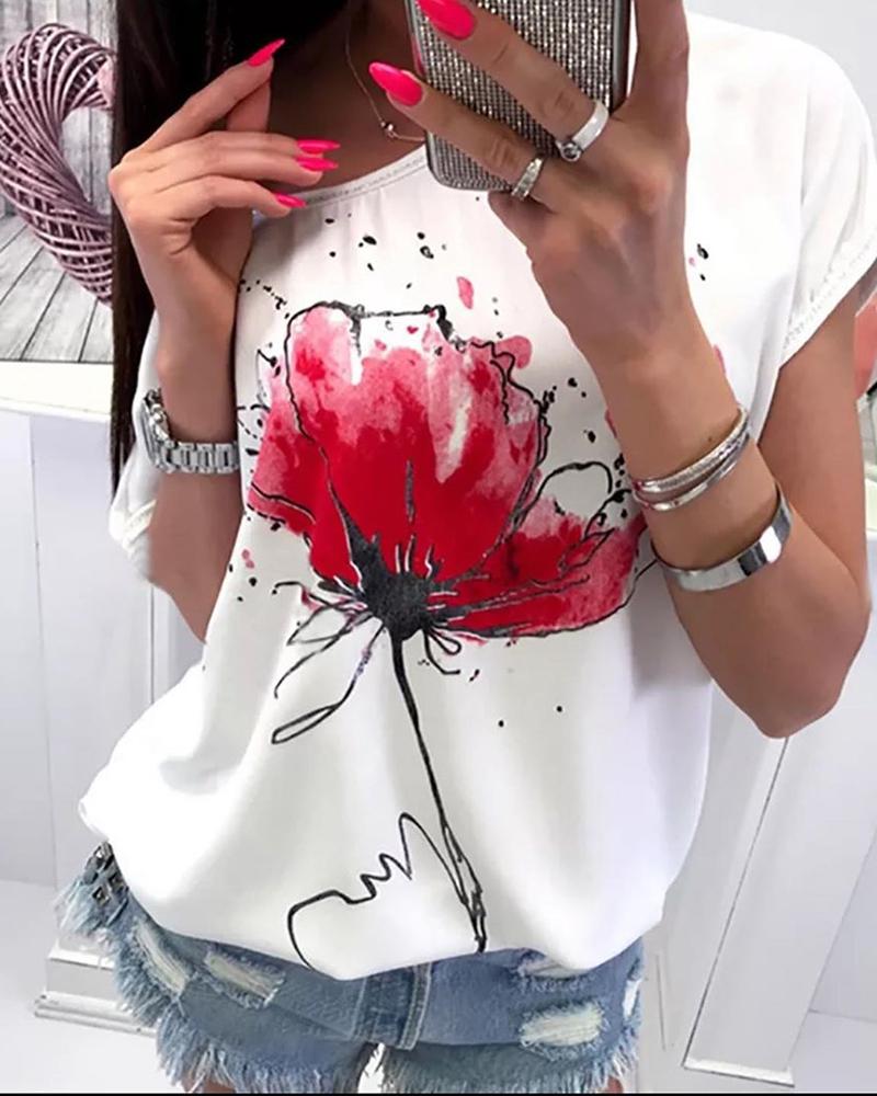 

Floral Print Short Sleeve Casual T-shirt, White