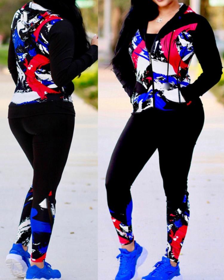 

Geo Print Long Sleeve Jacket & Skinny Pants Sets, Red
