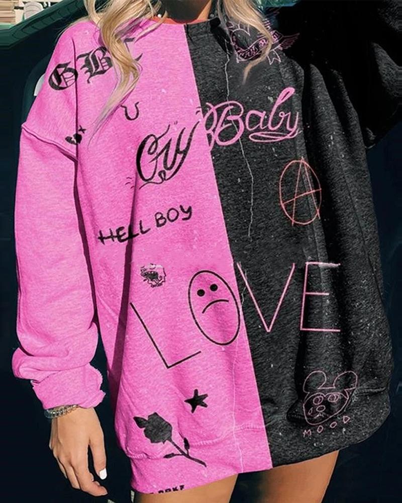 

Colorblock Letter Print Loose Sweatshirt, Pink