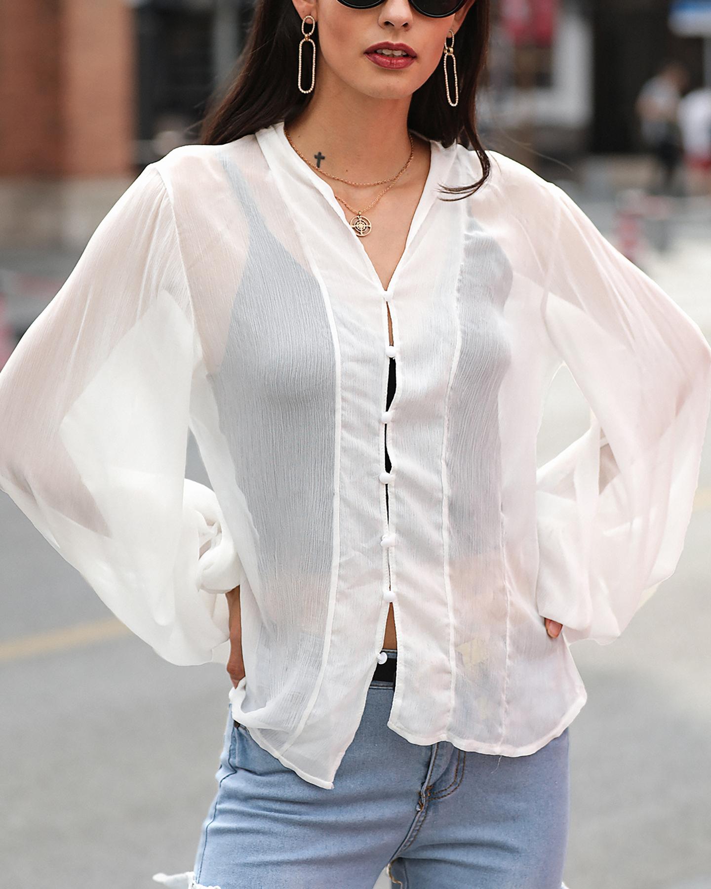 

Solid See Through Lantern Sleeve Shirt, White