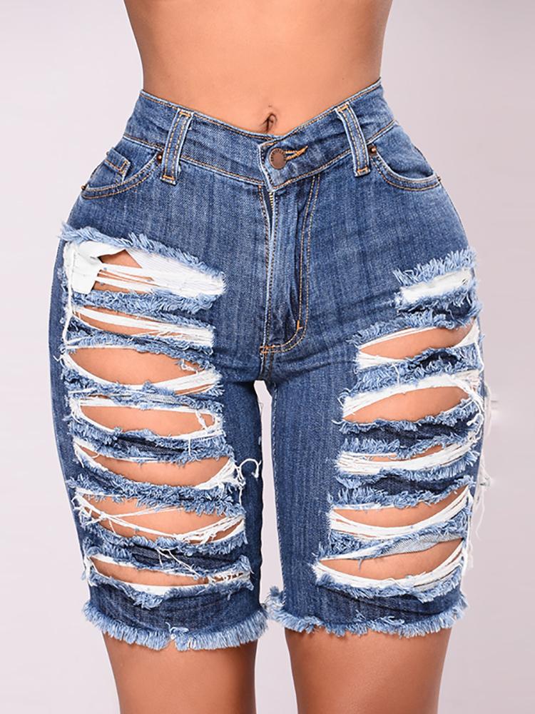 

Trendy Denim Raw Cut Ripped High Waist Shorts, Blue