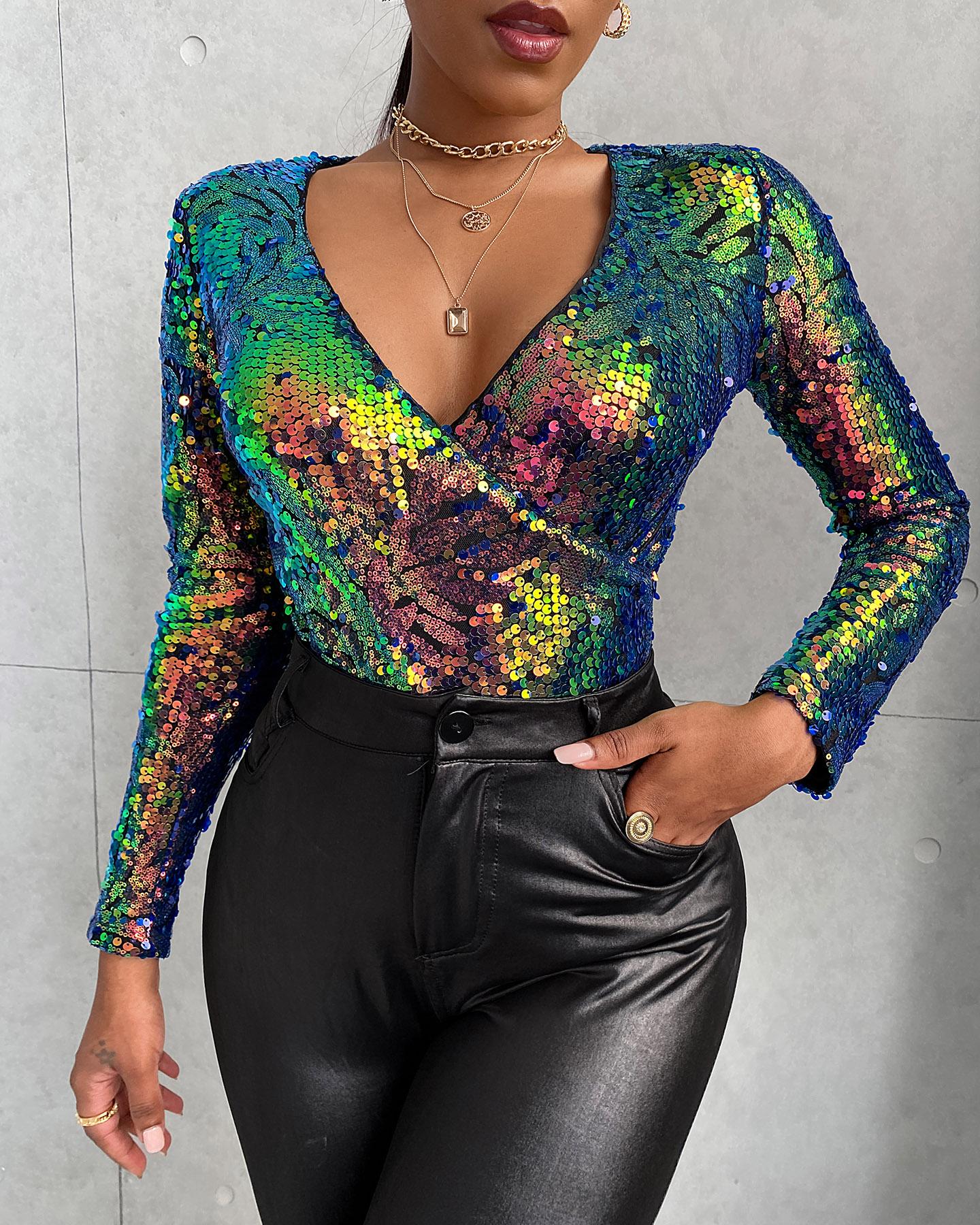 

Sequins Long Sleeve Bodysuit, Multicolor