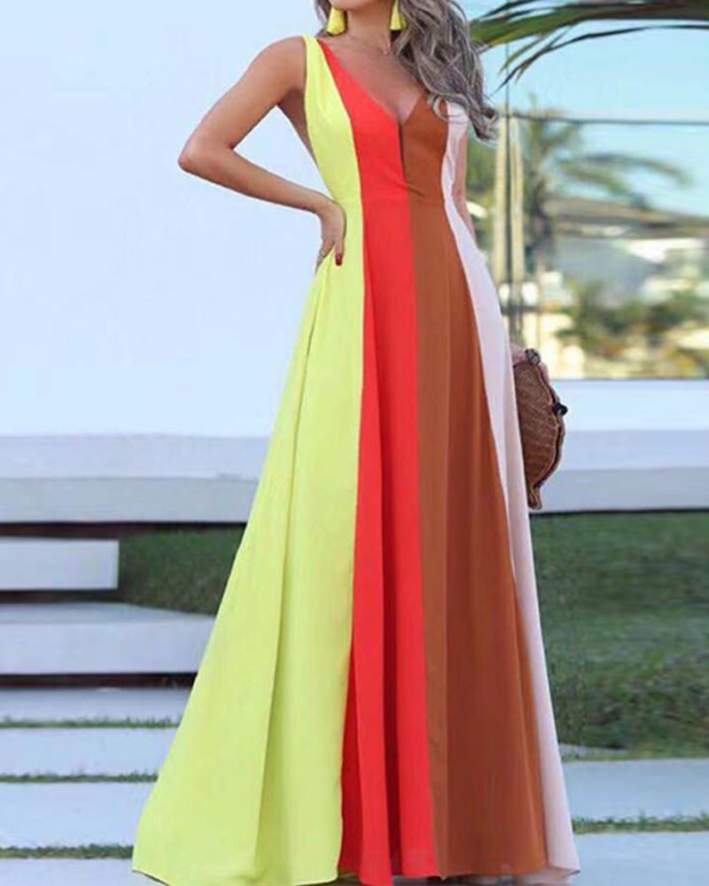 

Color Block Splicing V-neck Maxi Dress