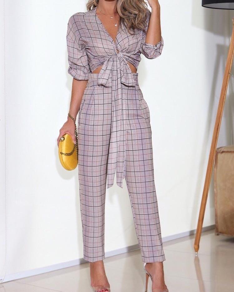 

Plaid Print Knot Front Top&Pants Set, Gray