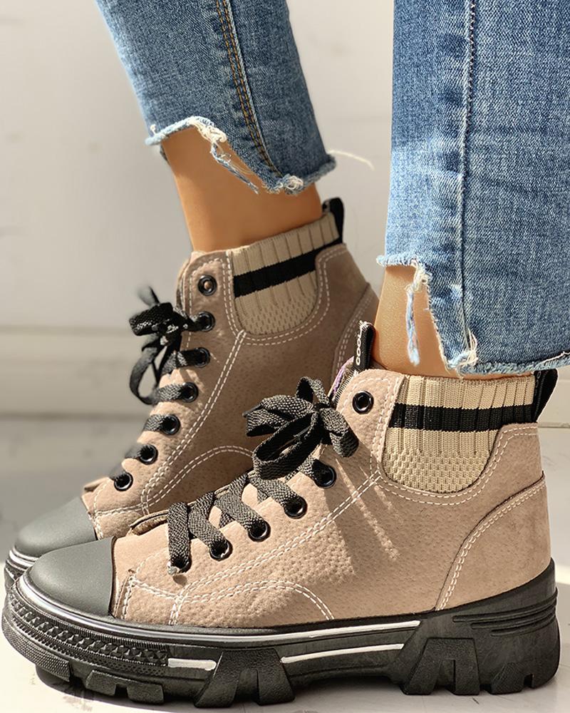 

Patchwork Lace-Up Casual Boots, Khaki