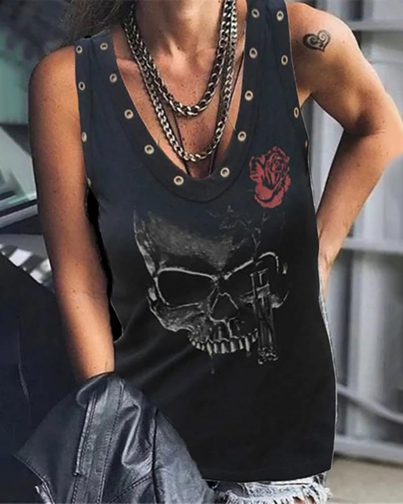 

Skull Floral Print Eyelet Design Top, Black