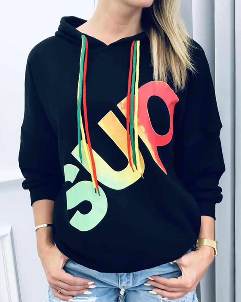

Letter Printing Hooded Pullover Sweatshirt, Black