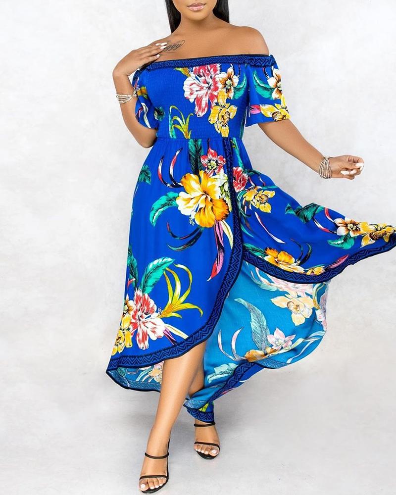 

Off Shoulder Floral / Leaf Print Ruched Dip Hem Maxi Dress, Blue