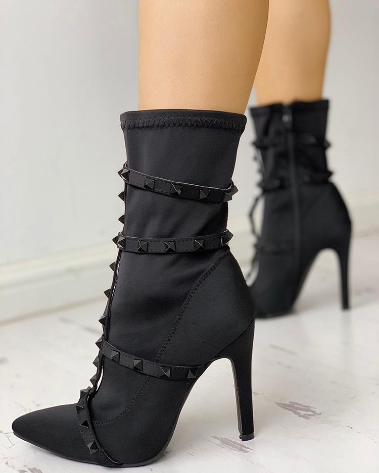 

Rivet Embellished Stiletto Ankle Boots, Black