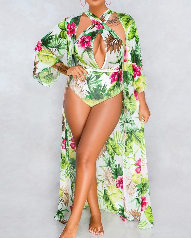 

Tropical Print One Piece Swimwear With Cover Up