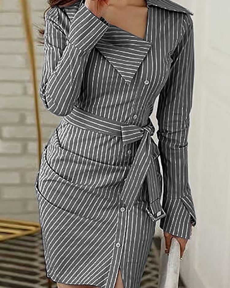 

Pinstripes Ruched Irregular Belted Shirt Dress, Dark grey