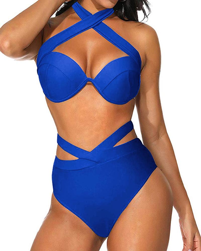

Halter Crisscross Design Bikini Set, Blue