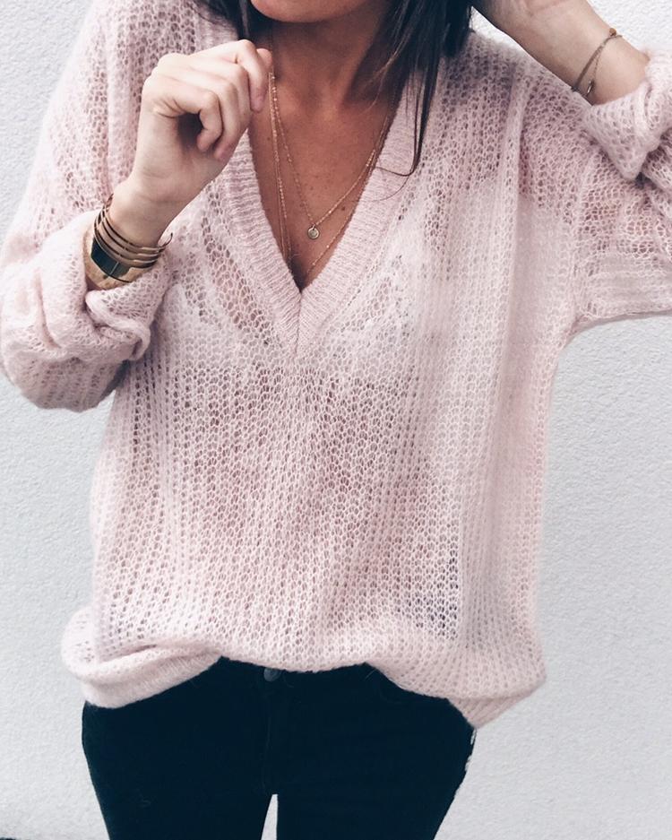 

Plaid V Neck Loose Pullover Sweater - Pink
