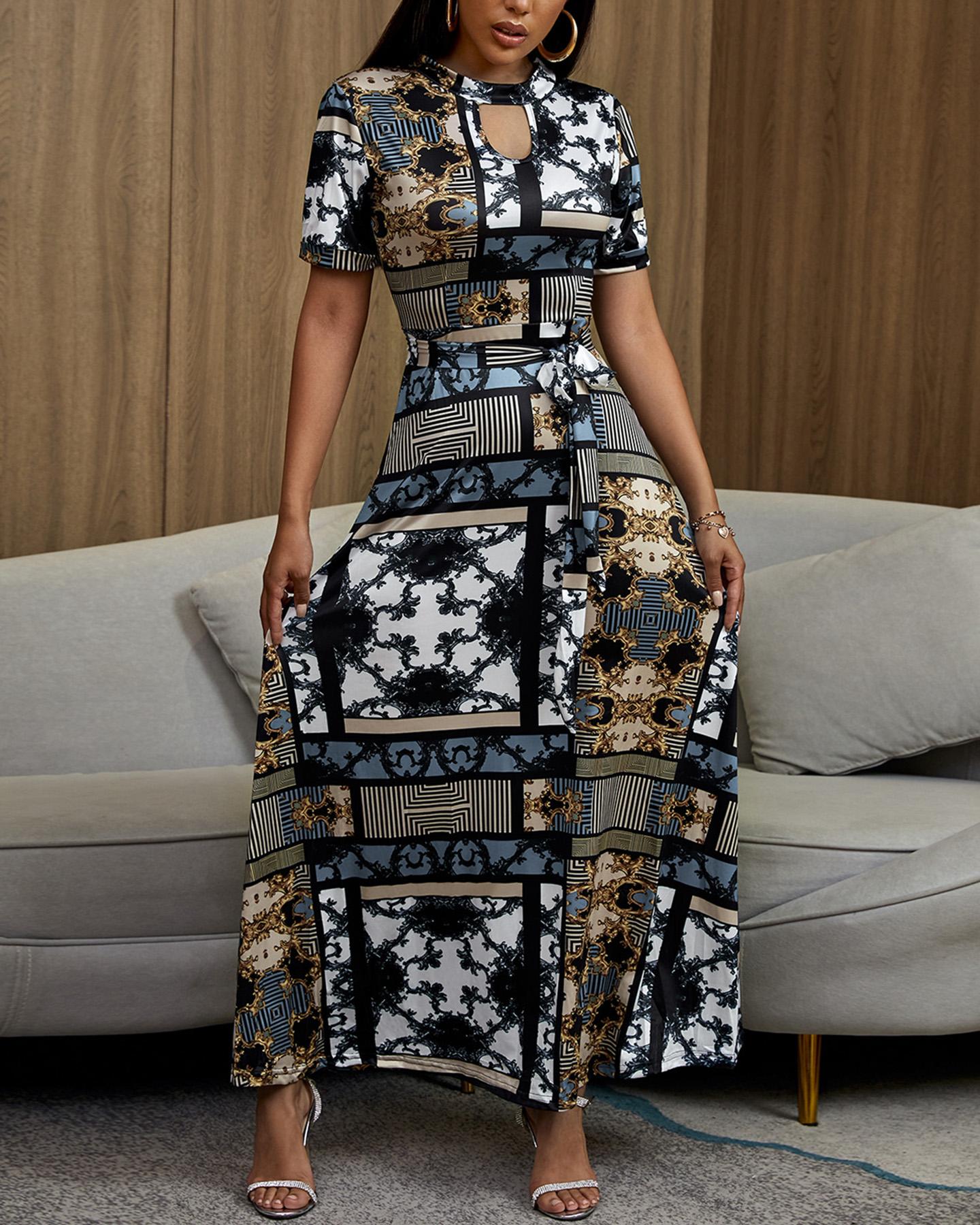 

Short Sleeve Print Maxi Dress, Blue