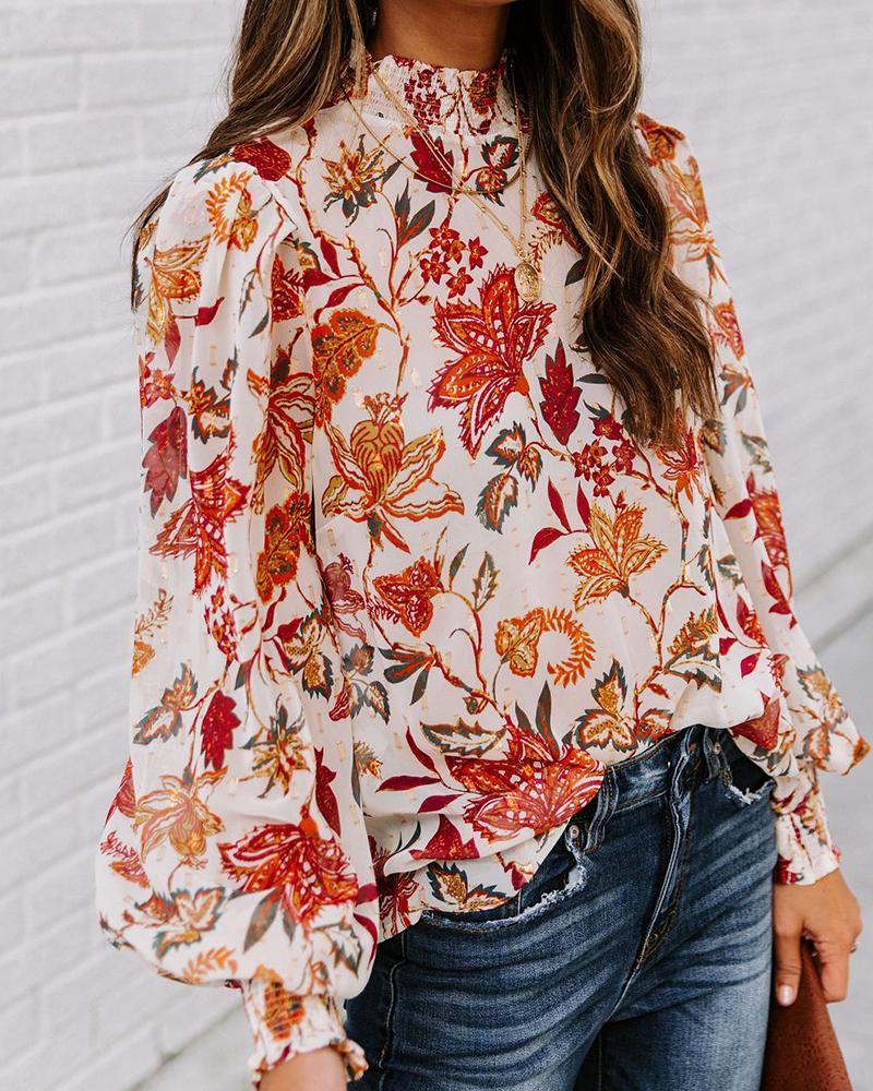 

Floral Long Bloomer Sleeve Loose Blouse, Apricot