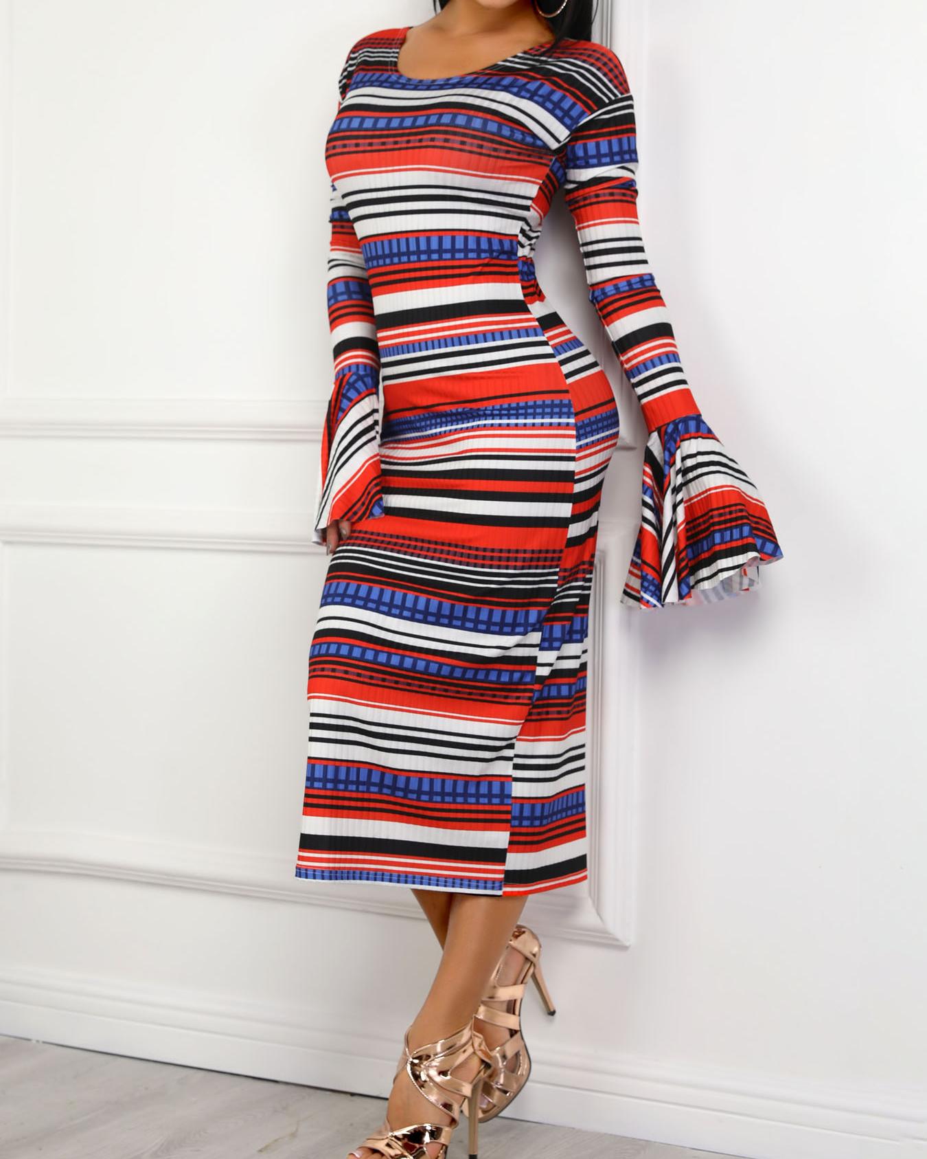 

Off Shoulder Bell Sleeve Striped Dress, Red