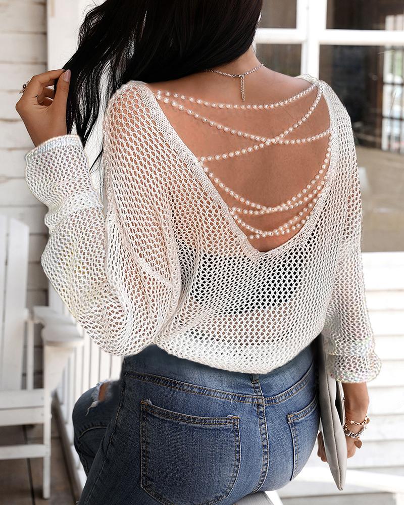 

Fishnet Beaded Strap Lace-up Top, White
