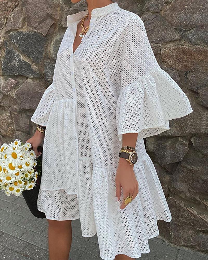 

Eyelet Hollow Out Bell Sleeve Ruffles Dress, White