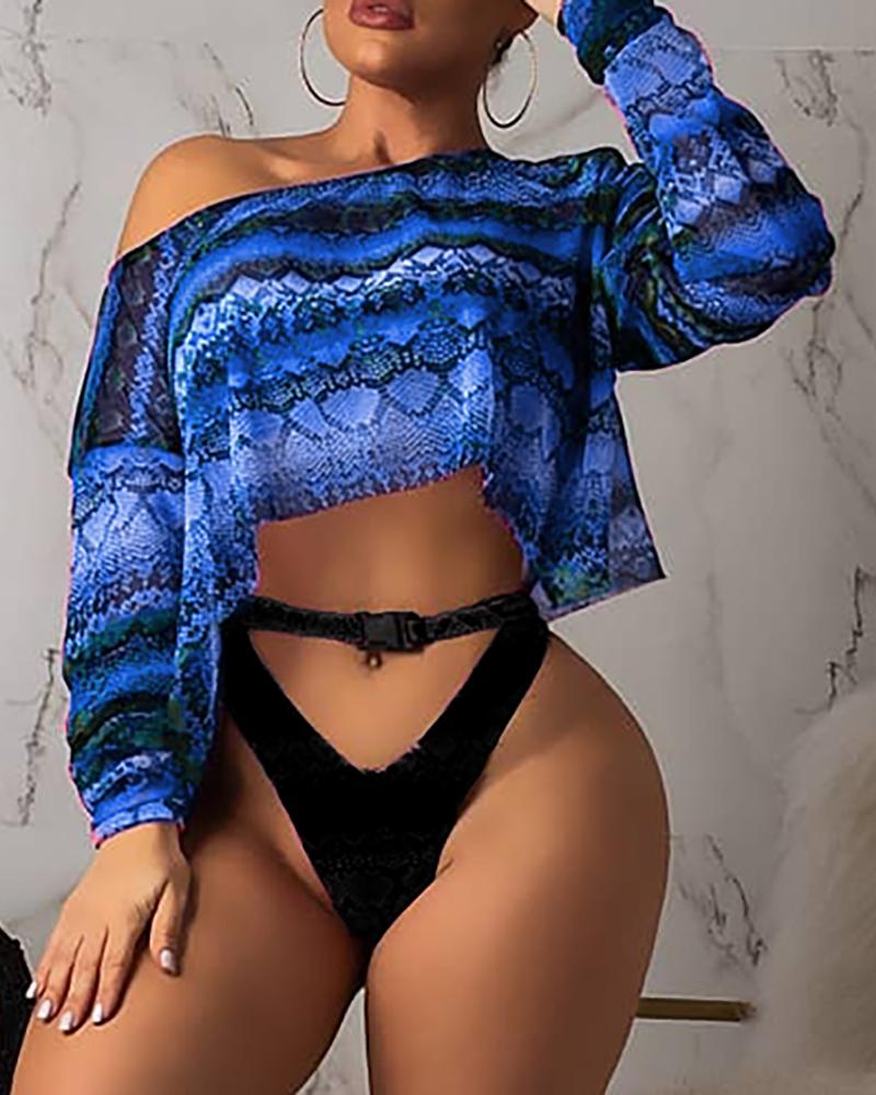 

O-neck Long Sleeve Print Top, Blue