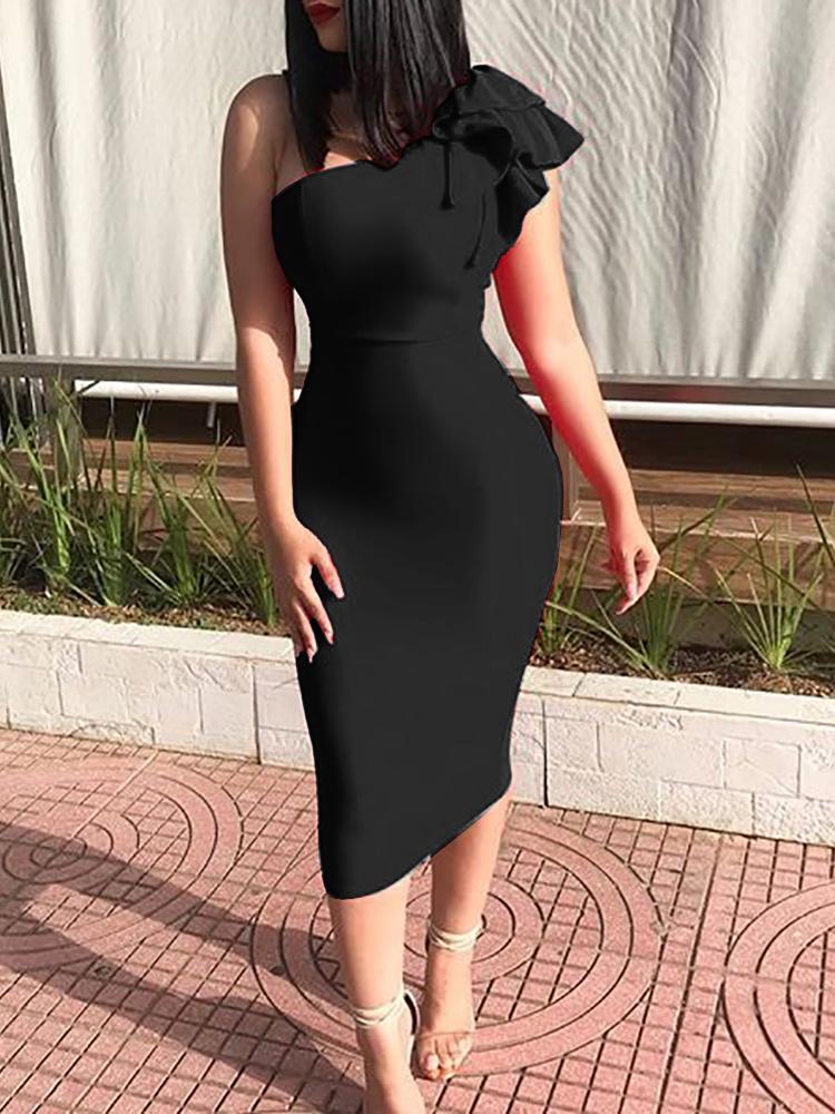 

Solid Ruffles One Shoulder Bodycon Dress