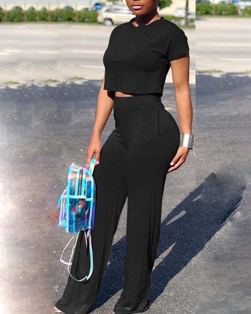 

Short Sleeve Crop Top & Pant Sets, Black