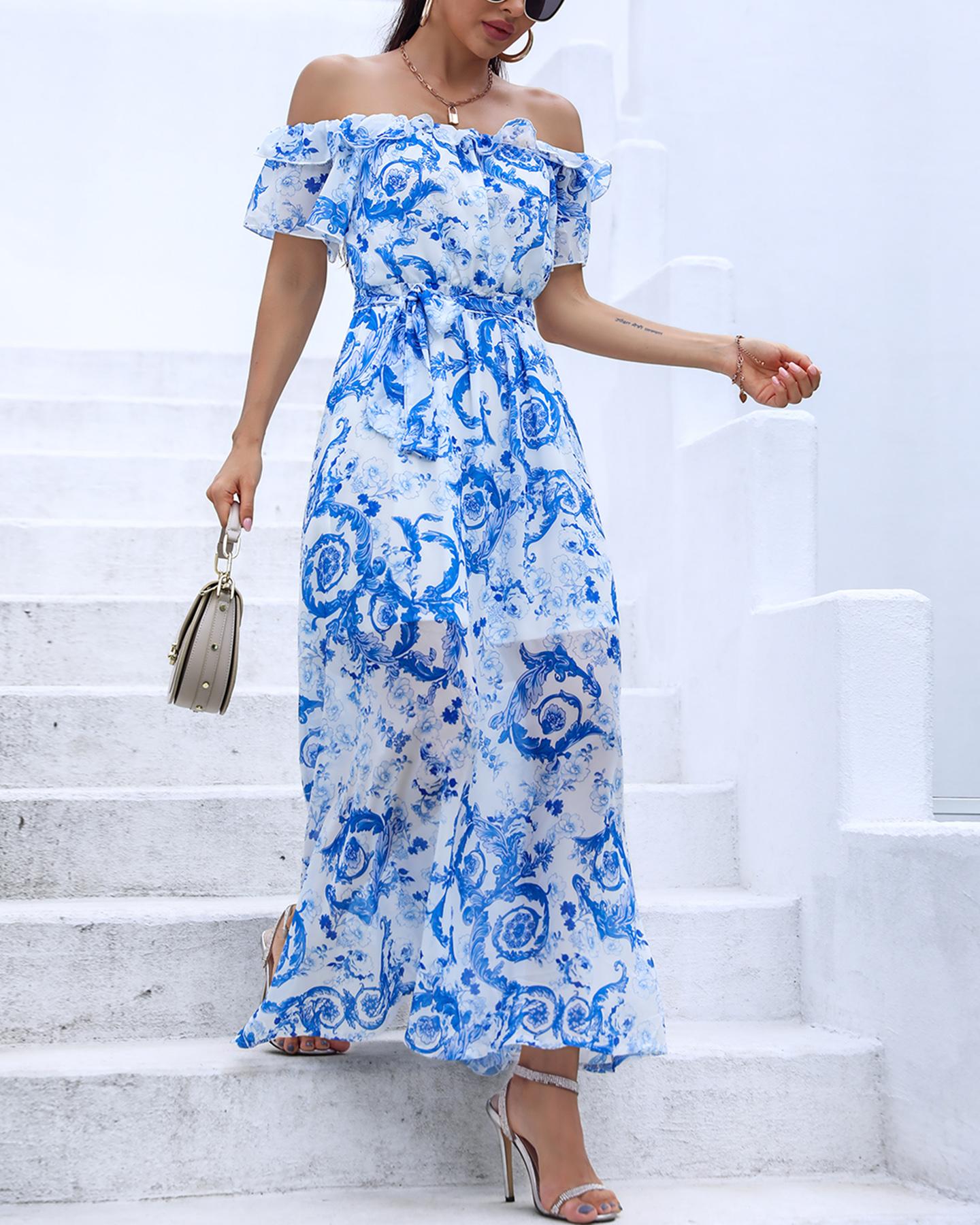 

Retro Print Off Shoulder Ruffles Slit Maxi Dress, Blue