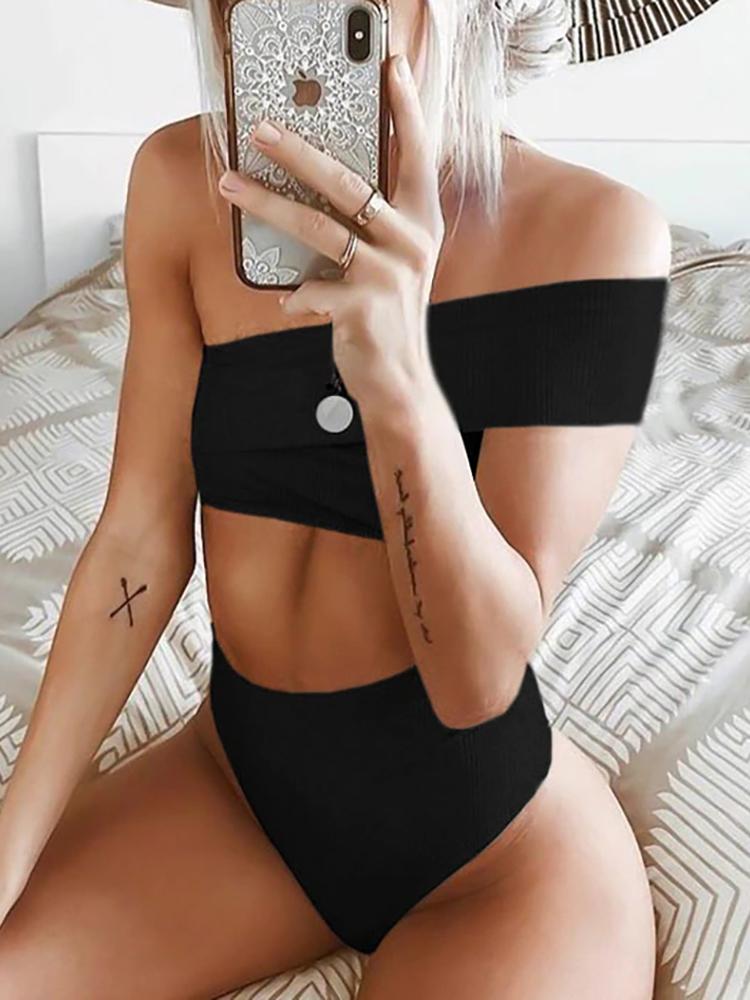 

Solid One Shoulder Bikini Sets, Black