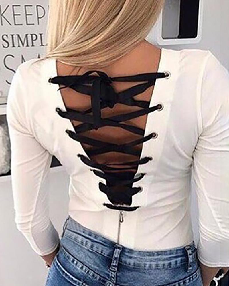 

Eyelet Lace-Up Back Blouse, White