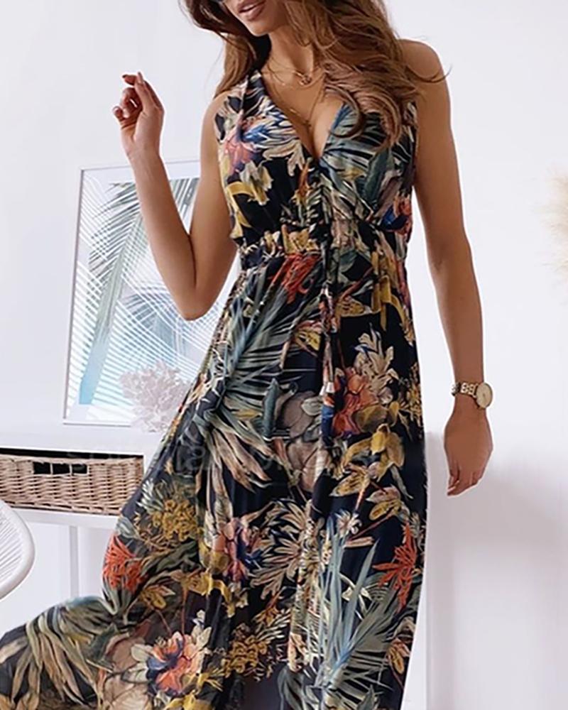 

Tropical Print Tied Detail Backless Maxi Dress, Black